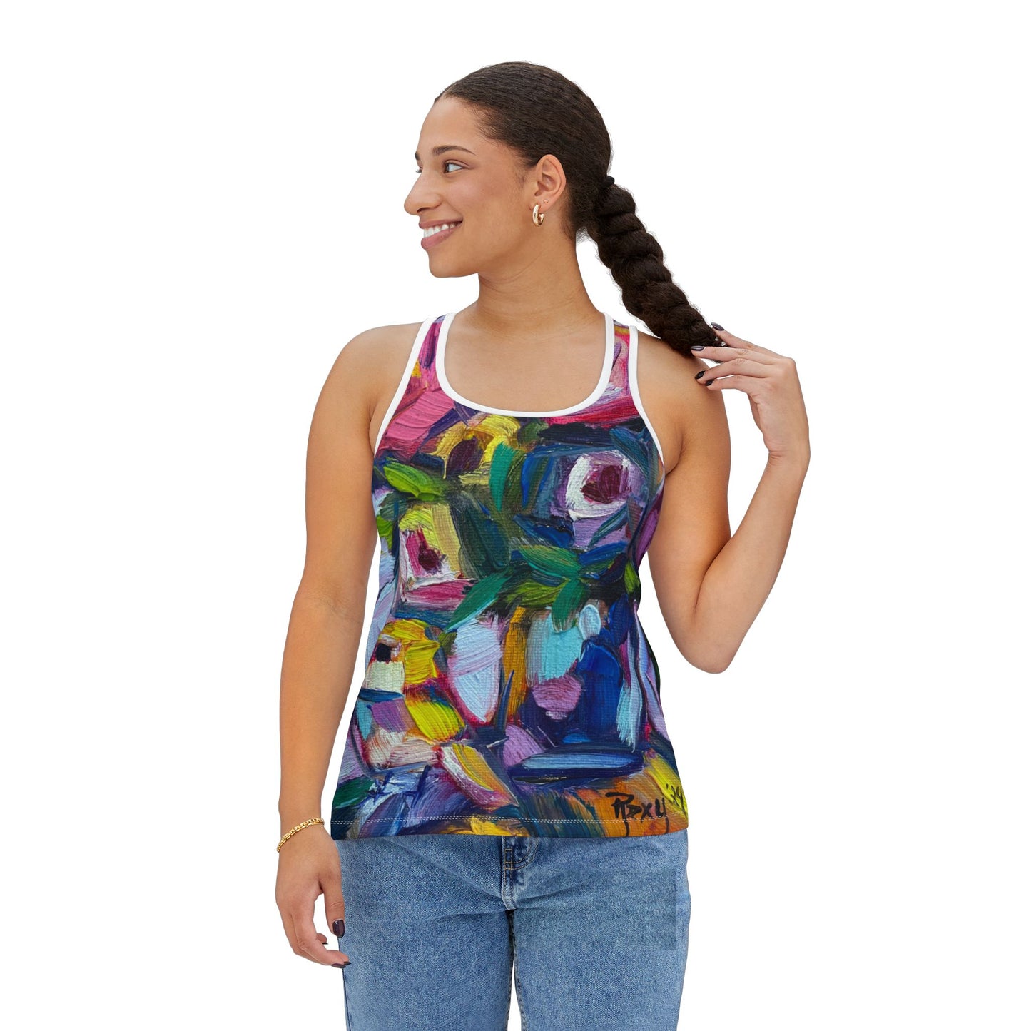 Women's Racerback Tank Top-Abstract Roses and Tit Bird