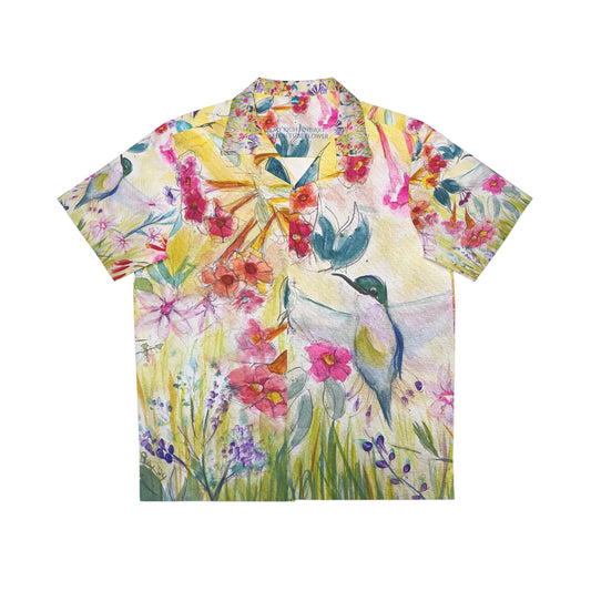 Colibrí en tubo flor jardín camisa hawaiana para hombre