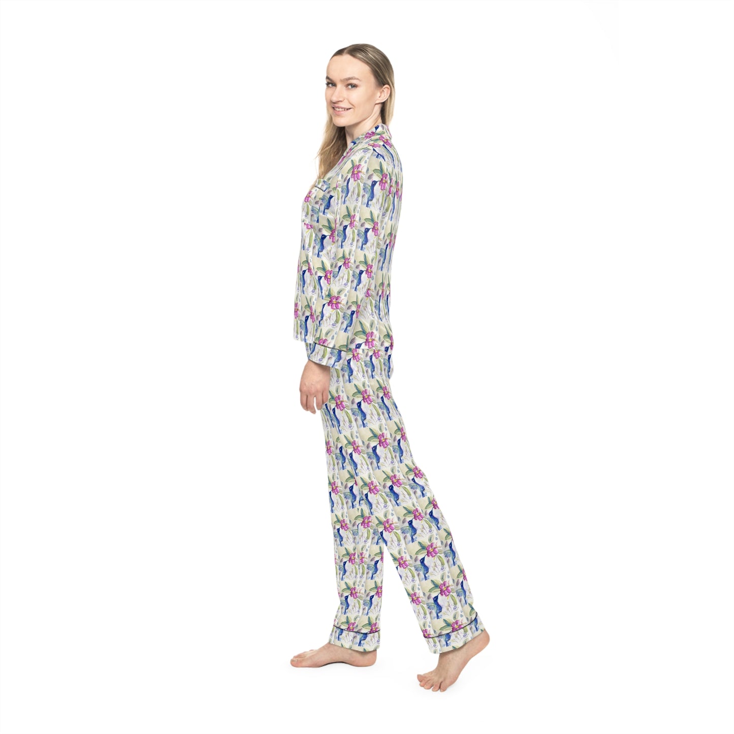 Satin Pajamas — Luxurious Silky Sleepwear Set- Hummingbird in Spring