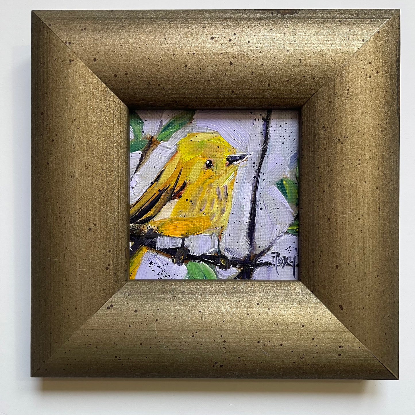 Winsome Little Yellow Warbler Peinture à l’huile originale 4x4 Encadrée
