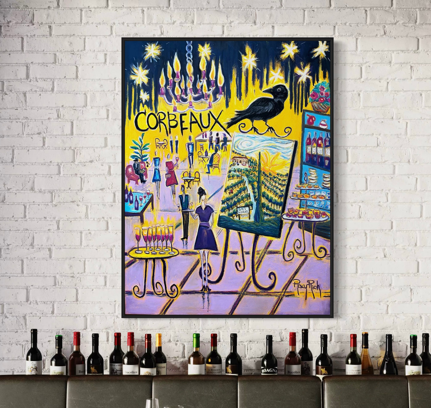 Corbeaux Wine and Art After Dark-Original Oil Pastel Painting Framed