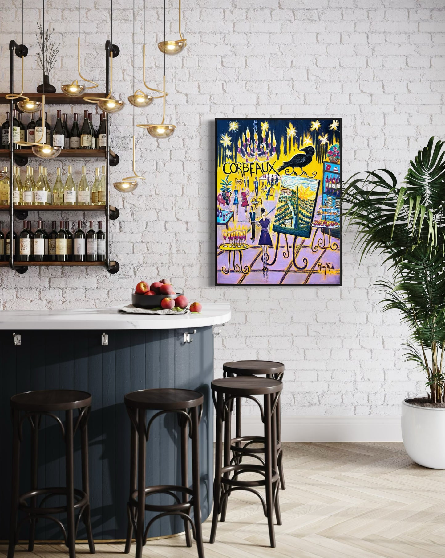Corbeaux Wine and Art After Dark-Original Oil Pastel Painting Framed