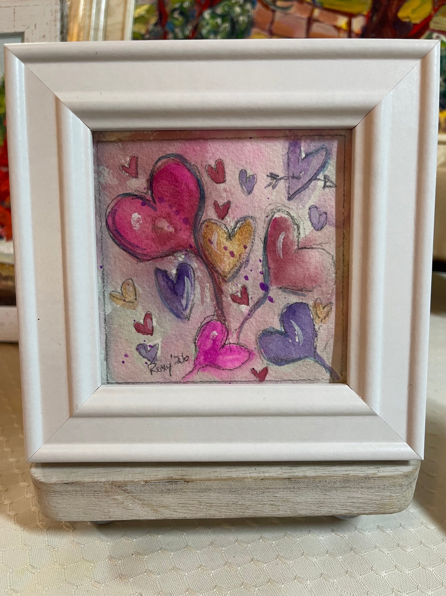Floating Hearts Parade-Original Watercolor Painting 4x4 Framed
