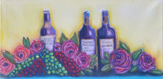 Gershon Bachus Vino y Rosas-Original Pintura Pastel al Óleo 10 x 20 Enmarcada