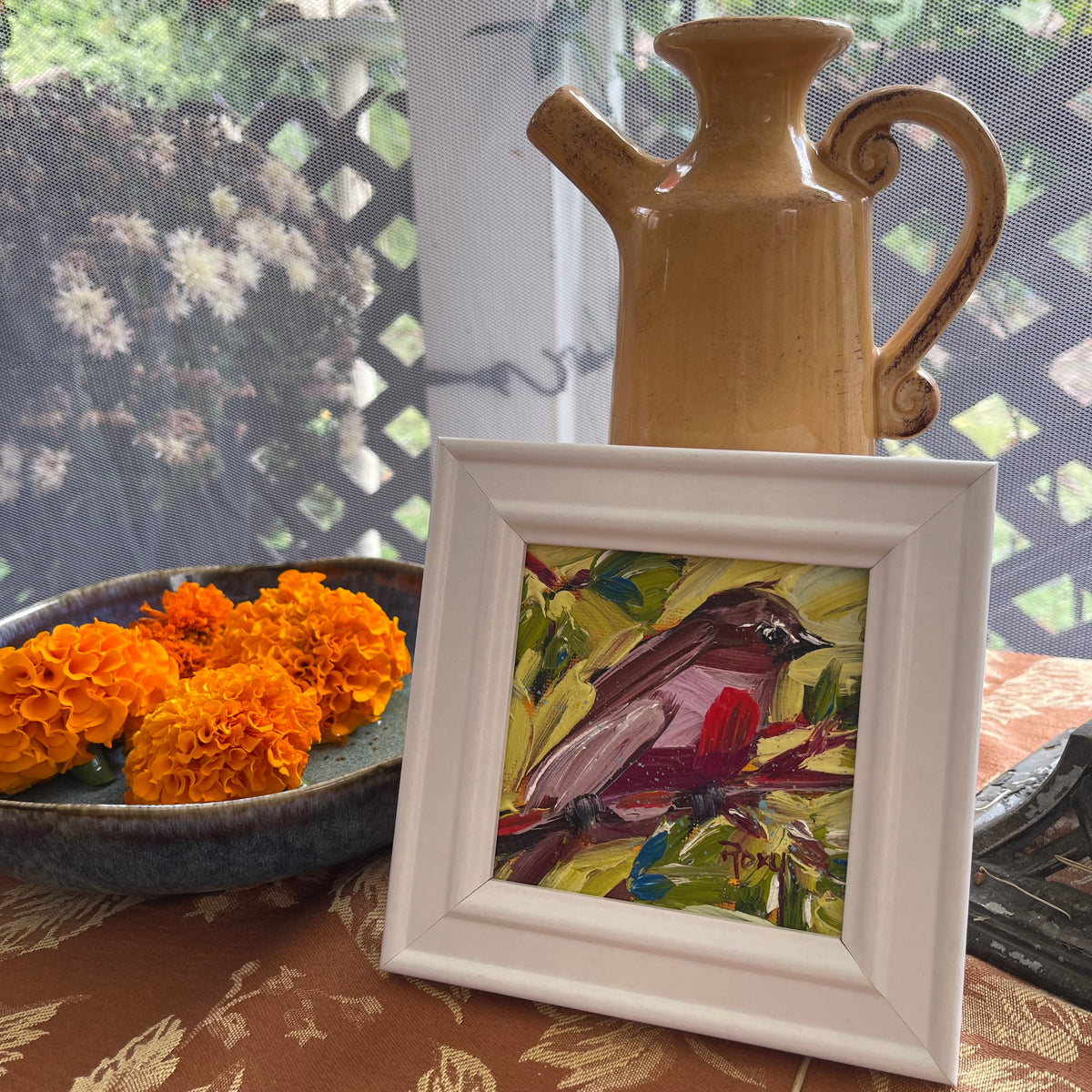 Fanciful Finch Original Oil Painting 4x4 Framed