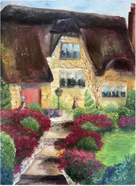 Pintura al óleo original de Cotswolds de April Cottage enmarcada