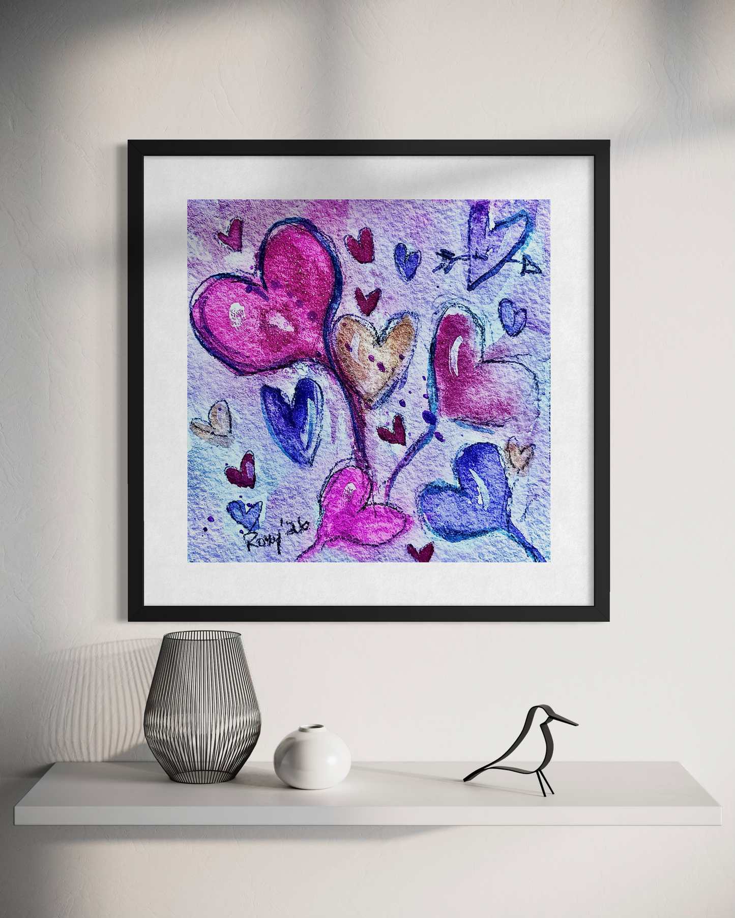 Floating Hearts Parade-Original Watercolor Painting 4x4 Framed