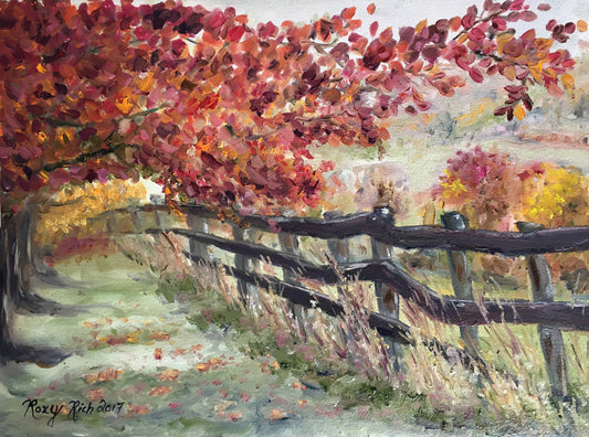 La clôture branlante Peinture originale de paysage à l’huile des Cotswolds encadrée