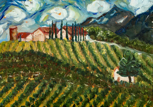 Avensole Vineyard and Winery-Original Impresionismo Contemporáneo Pintura de Paisaje Al Óleo Enmarcada