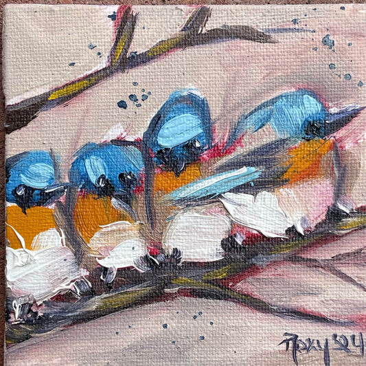 Abrazando pájaros azules pintura al óleo original 4x4 enmarcado