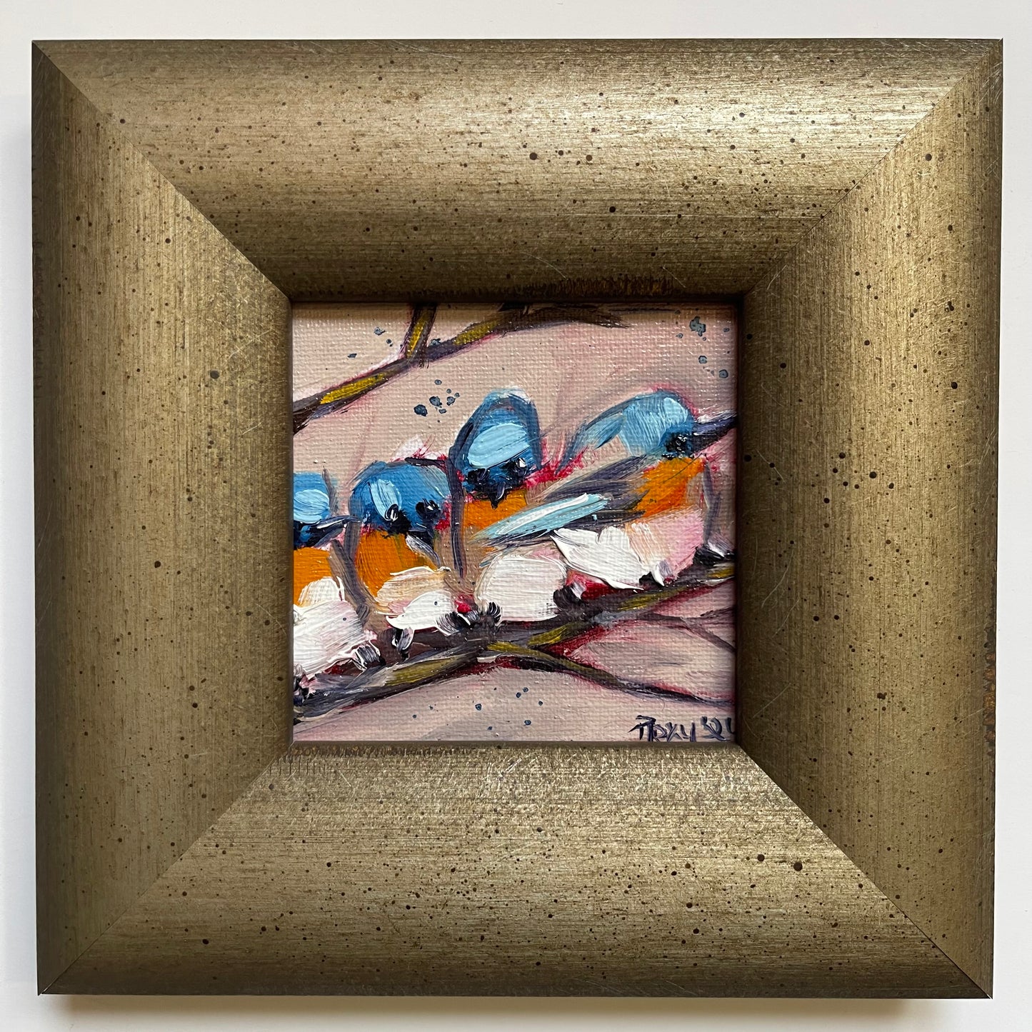 Câlins Bluebirds Peinture à l’huile originale 4x4 Encadrée