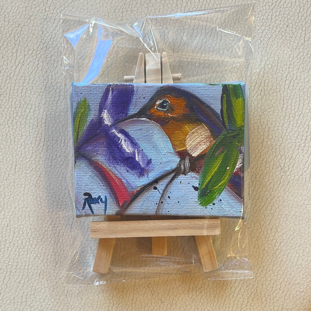 Rufus-Original pintura al óleo de colibrí en miniatura con soporte