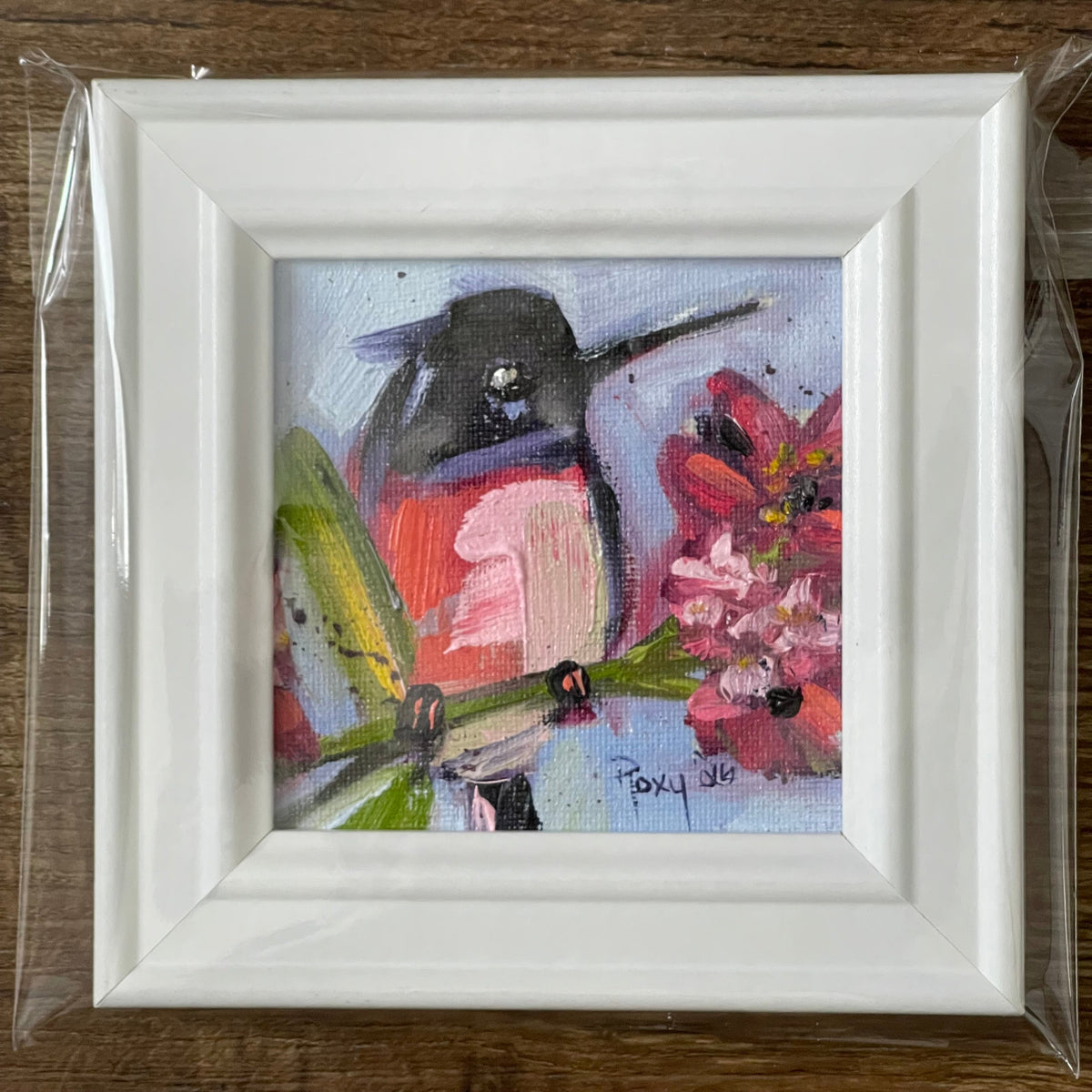 Colorful Hummingbird #2 Original Oil Painting 4x4 Framed (Copy)