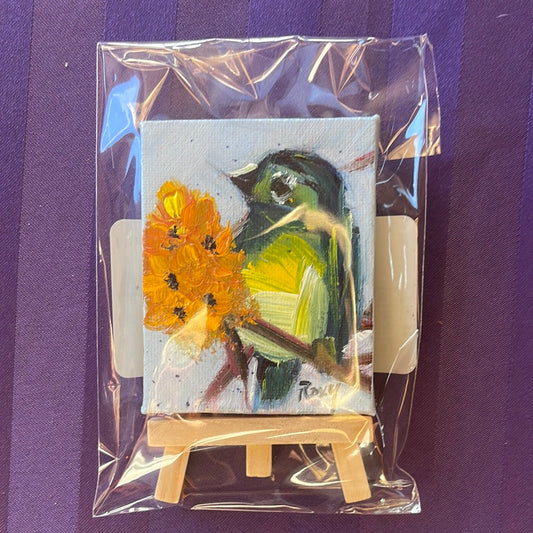 Cute Little Original Miniature Blue Tit Oil Painting with Stand