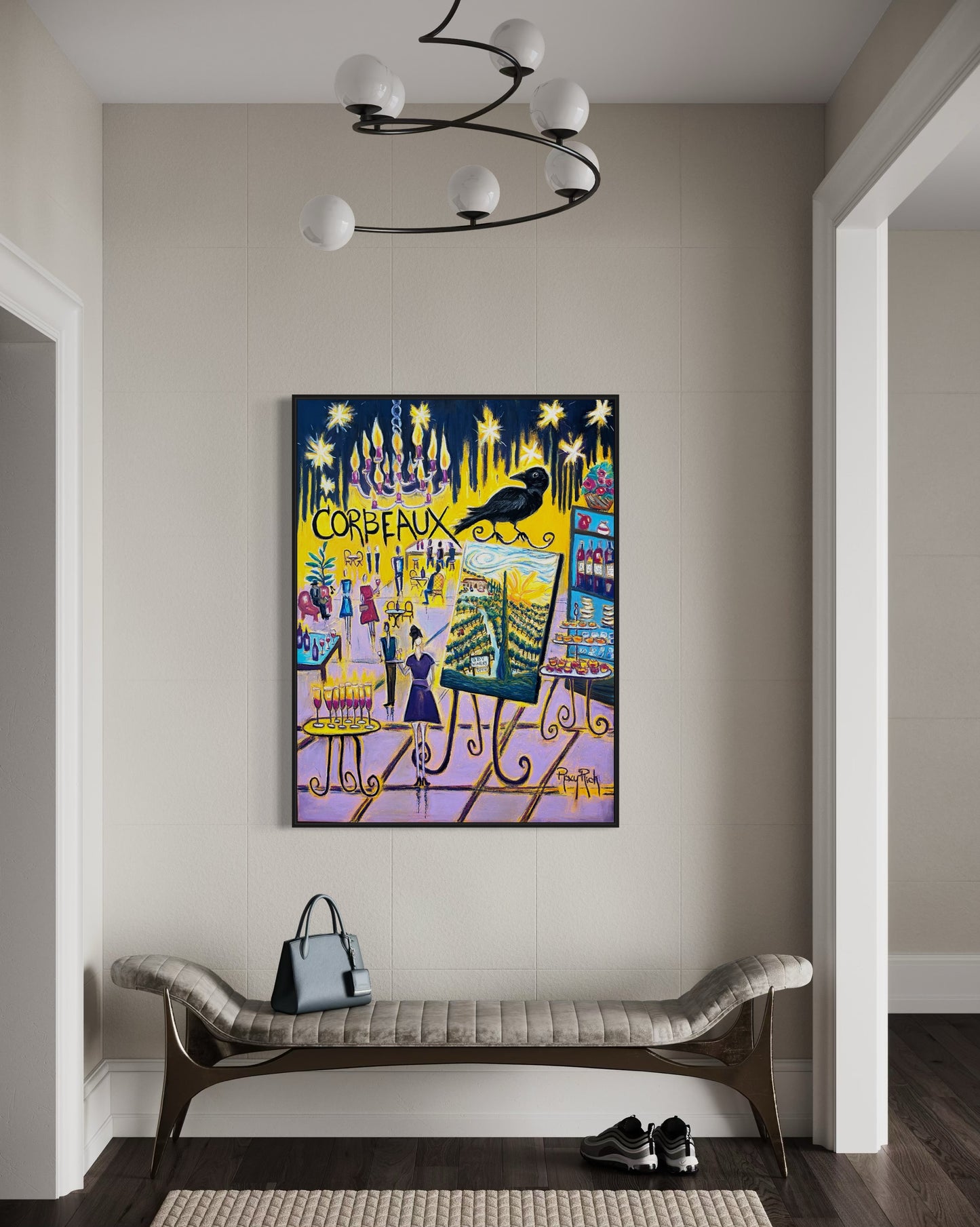 Corbeaux Wine and Art After Dark-Original Oil Pastel Painting Framed