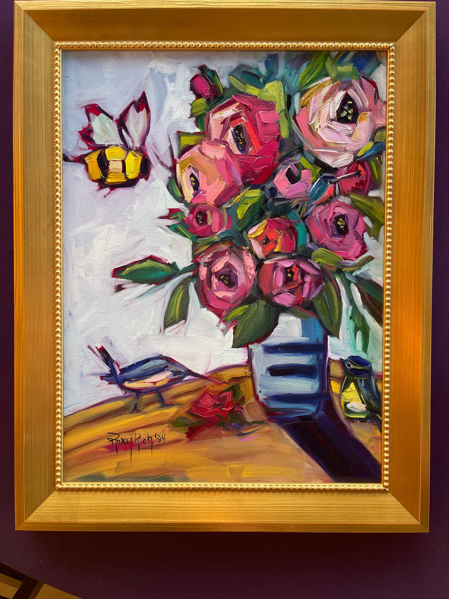 Bee Blooms-Original Oil Bee and Rose Blooms Painting Framed