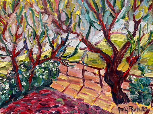 Breezy Trees Peinture à l’huile originale 9 x 12 Encadrée