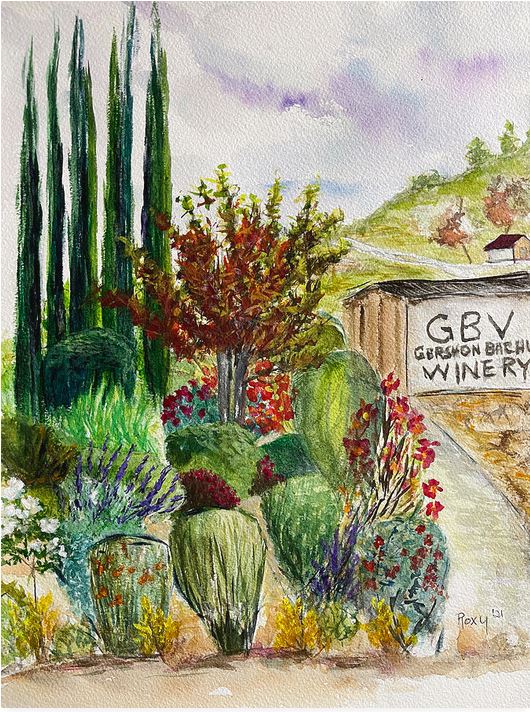 Hill to the Barrel Room en GBV Winery Pintura original de paisaje en acuarela enmarcada