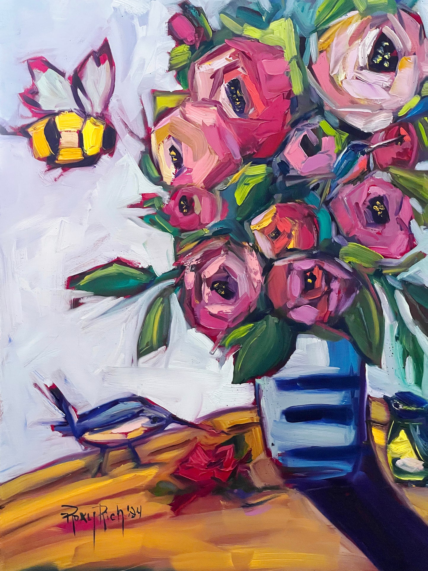 Bee Blooms-Original Oil Bee and Rose Blooms Painting Framed