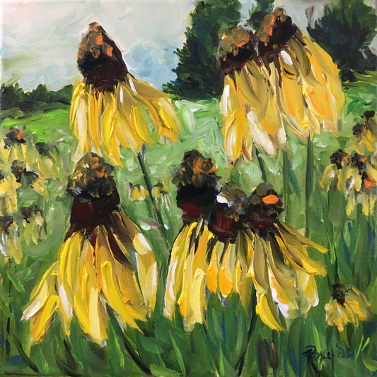 Yellow Coneflowers Original Acrylic Painting 10 x 10 Framed