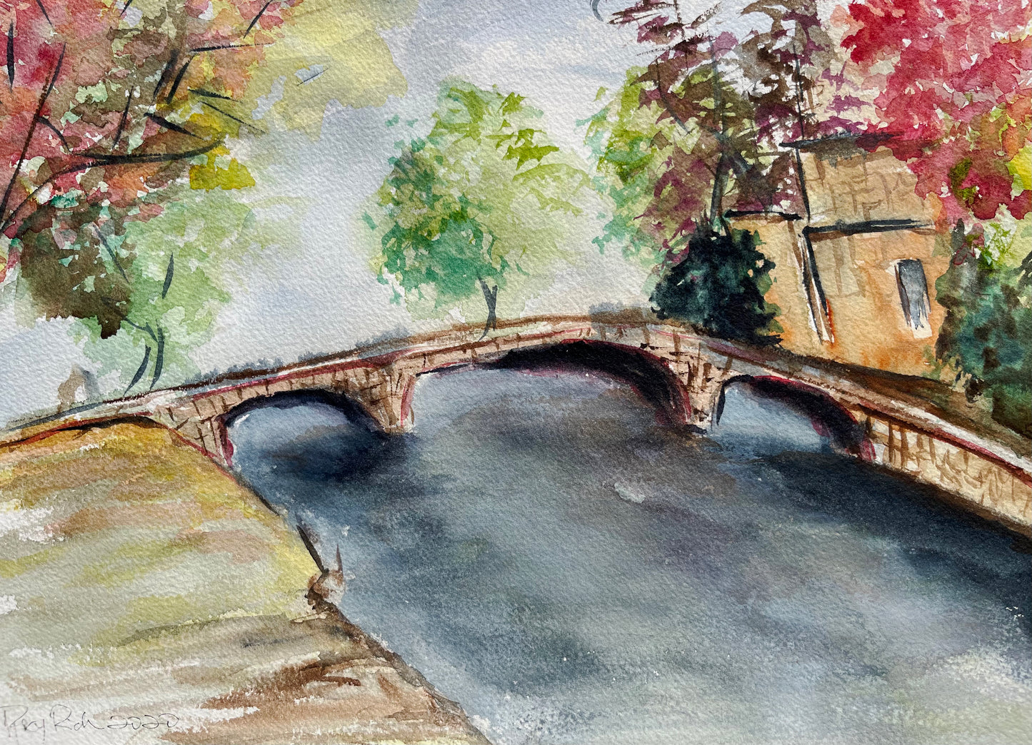 Puente en Bourton sobre el agua Cotswold Pintura original de acuarela enmarcada