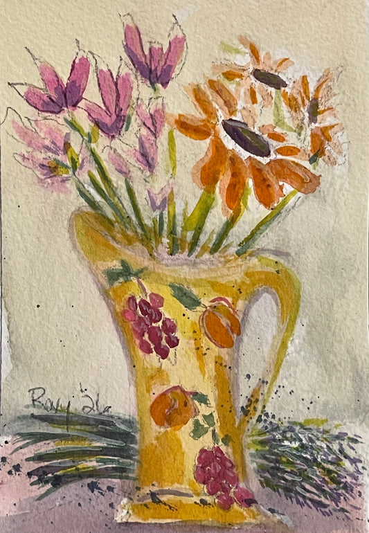 Flowers on my Patio-Original Watercolor Painting 4x6 Framed
