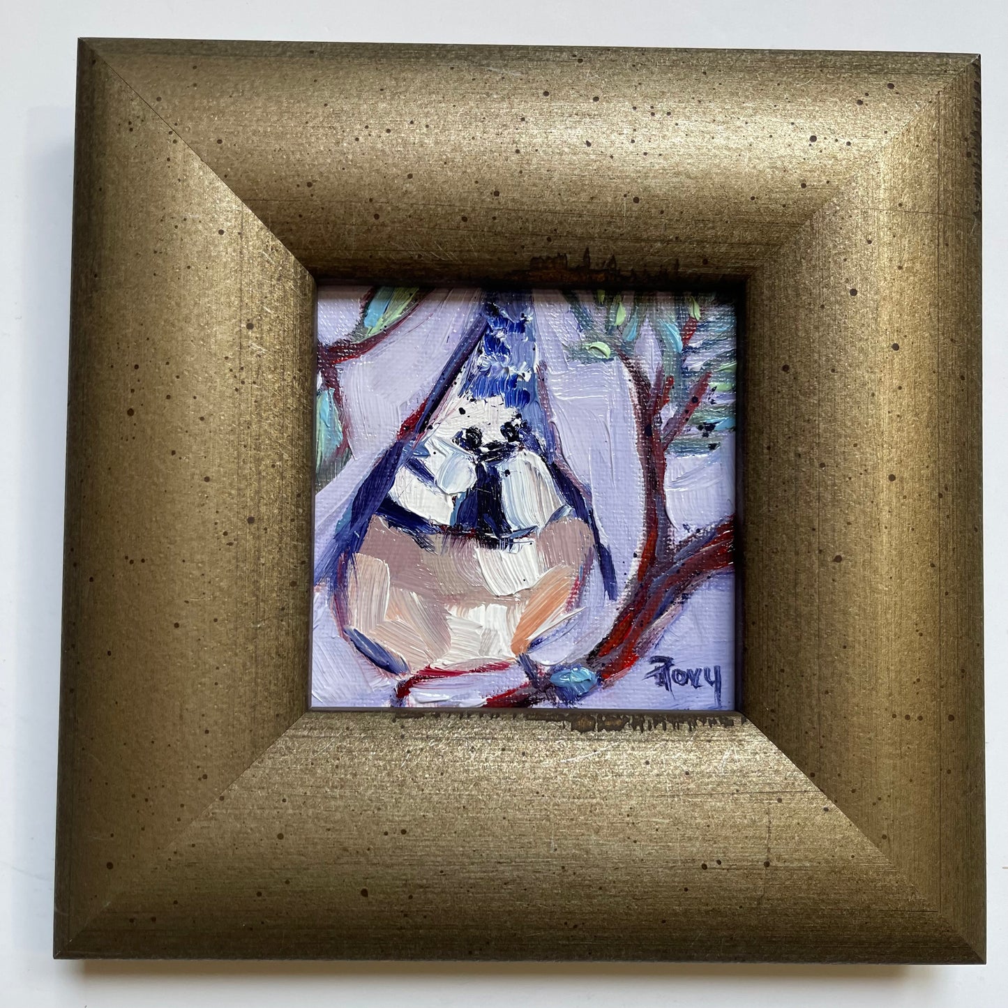 Fat Little Crested Tit Original Oil Painting 4x4 Framed