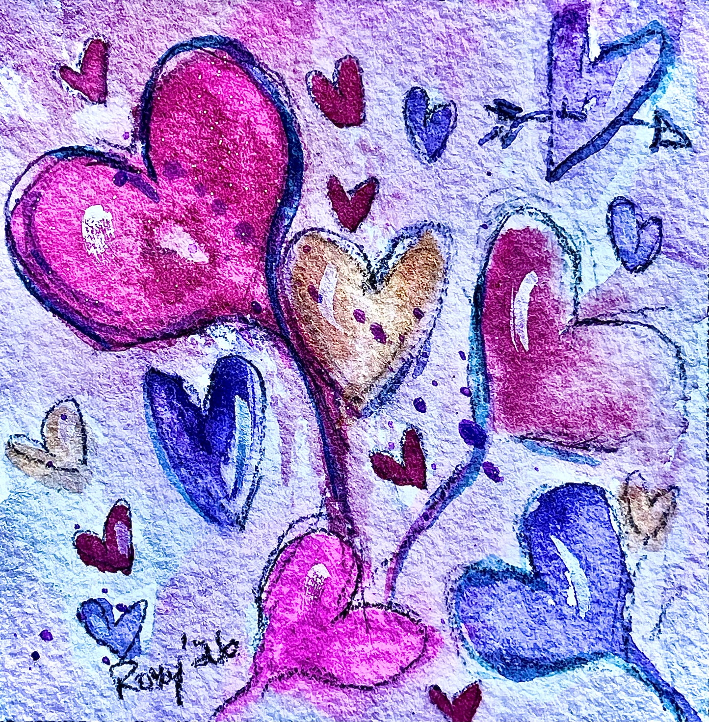 Floating Hearts Parade-Original Watercolor Painting 4x4 Framed