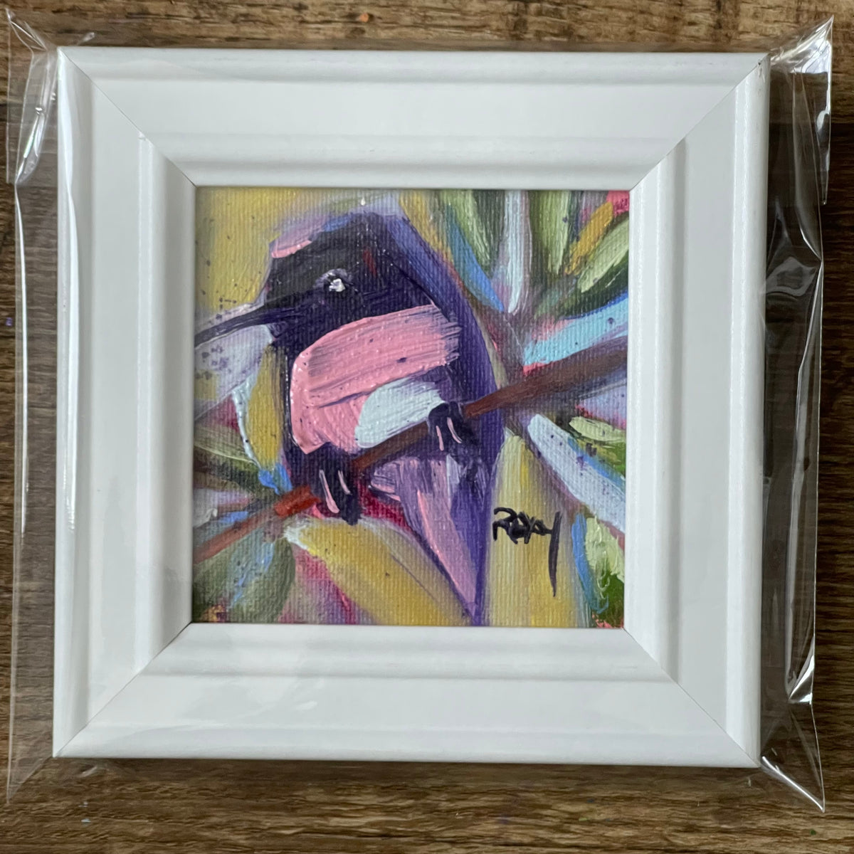 Hazy Morning Hummingbird  Original Oil Painting 4x4 Framed