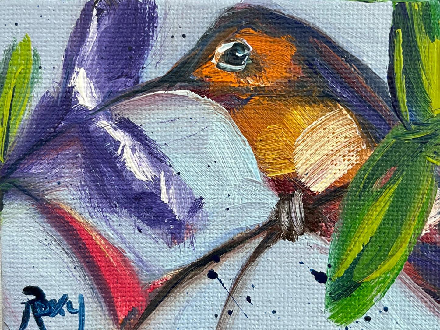 Rufus-Original pintura al óleo de colibrí en miniatura con soporte
