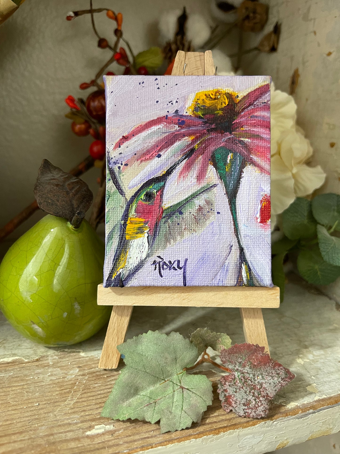 Hummingbird with Purple Coneflower-Original Miniature Hummingbird Oil Painting with Stand