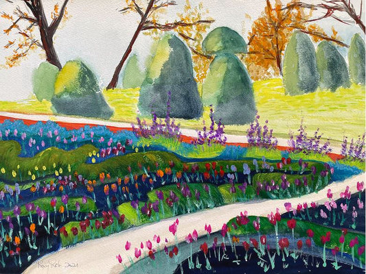Pintura original del paisaje de la acuarela del jardín de tulipanes inglés enmarcada