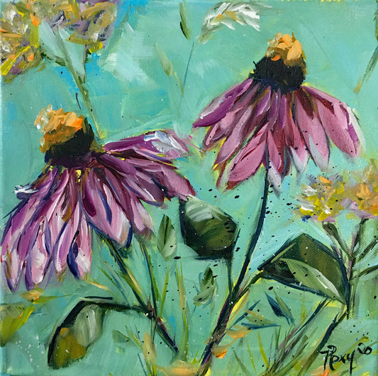 Purple Coneflowers Original Acrylic Painting 10 x 10 Framed