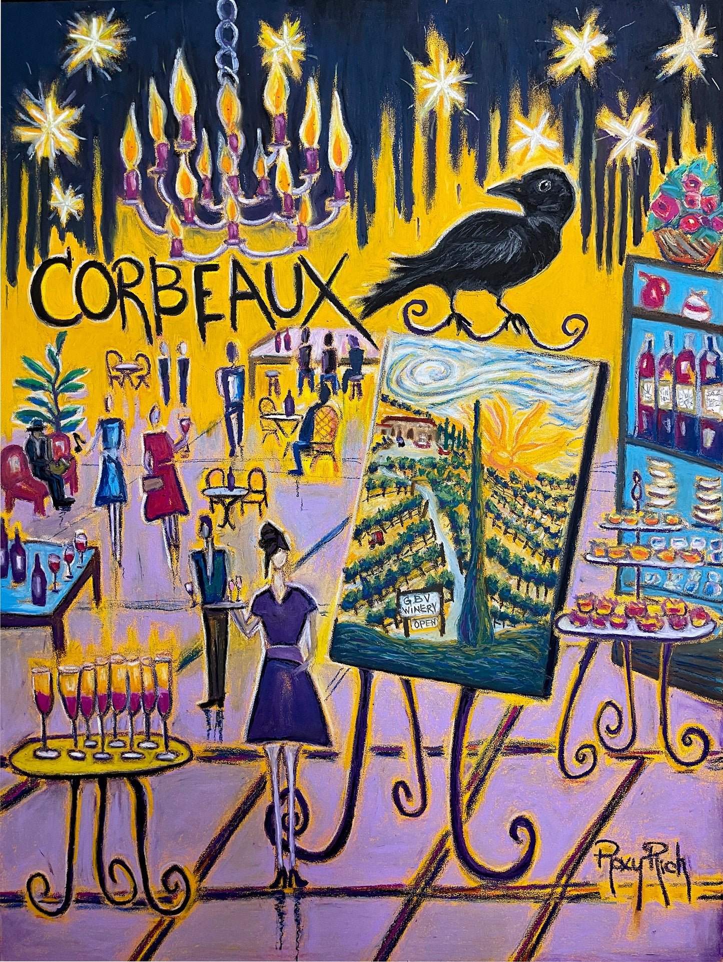 Corbeaux Wine and Art After Dark-Original Oil Pastel Painting Framed