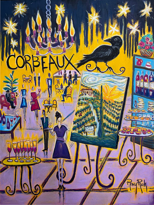 Corbeaux Wine and Art After Dark-Original Oil Pastel Painting Framed