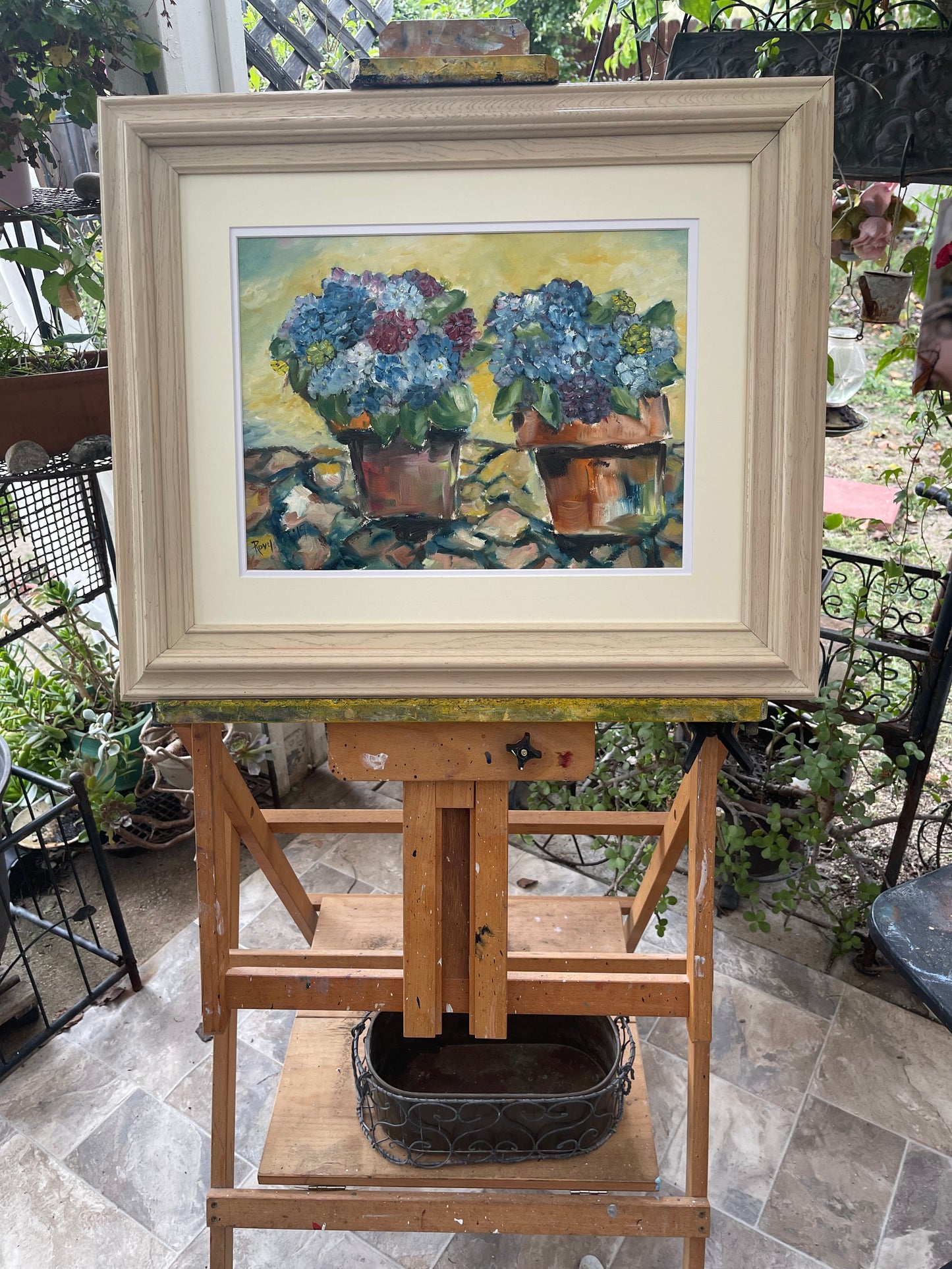Hydrangeas on the Patio Original Oil Painting 12 x 16 Framed