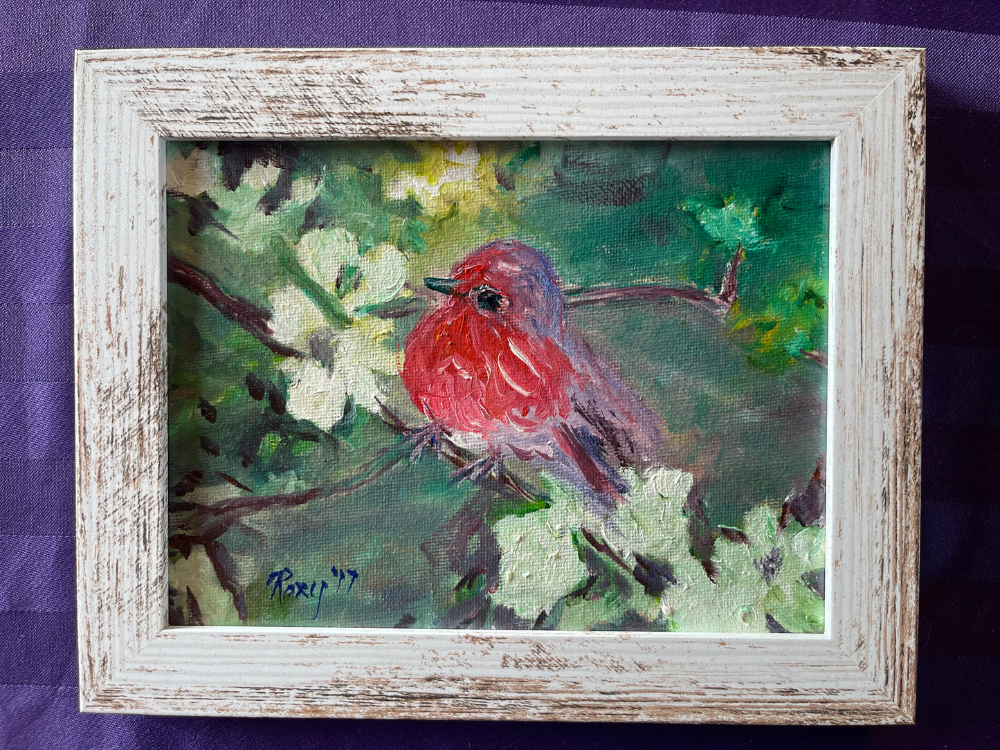 Spring Robin and Blossoms Original Oil Painting 6x8 Framed