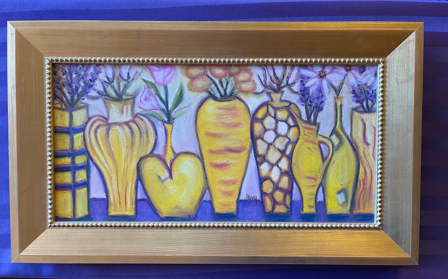 Yellow Vases-Original Oil Pastel Painting 10 x 20 Framed