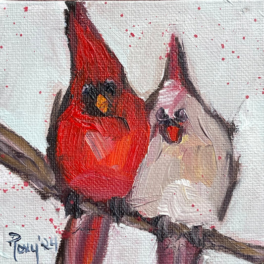 Cute Couple (Cardinals) Original Oil Painting 4x4 Framed