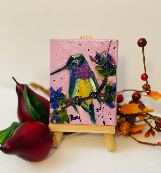 Linda pequeña pintura al óleo original de colibrí en miniatura con soporte