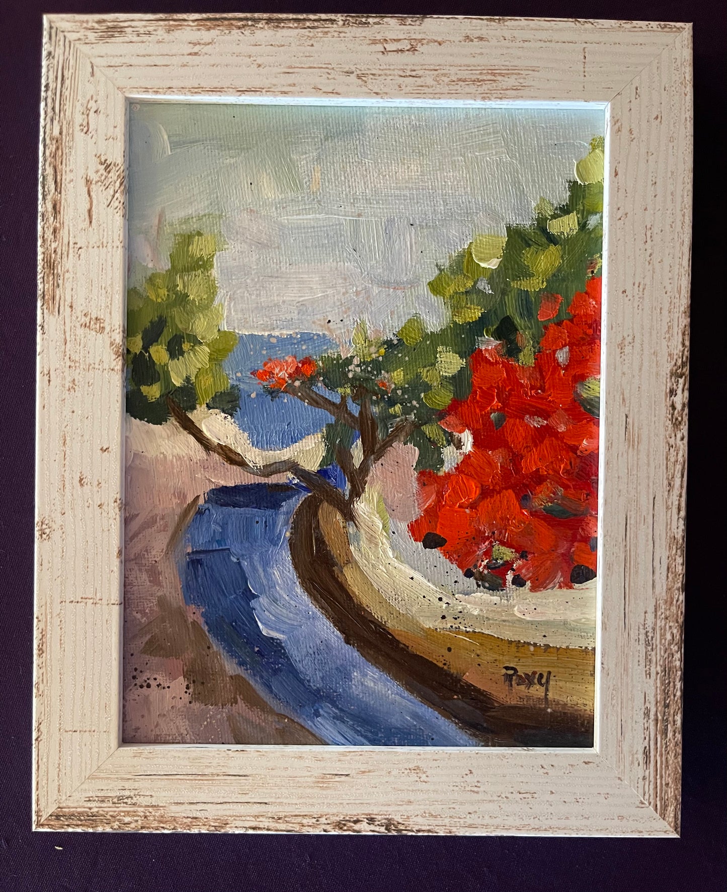 Bougainvillea by the Beach Original Oil Painting 6x8 Framed