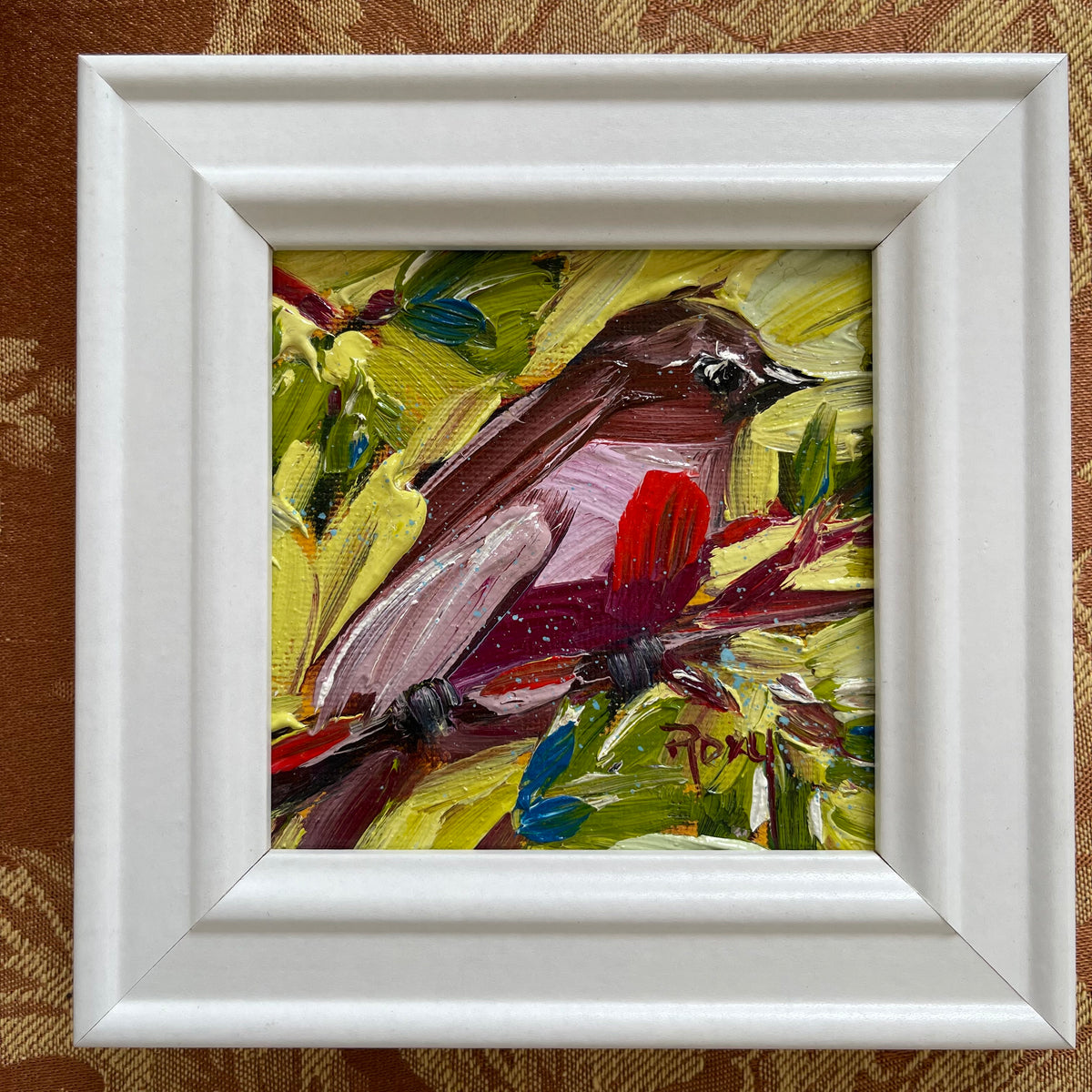 Fanciful Finch Original Oil Painting 4x4 Framed