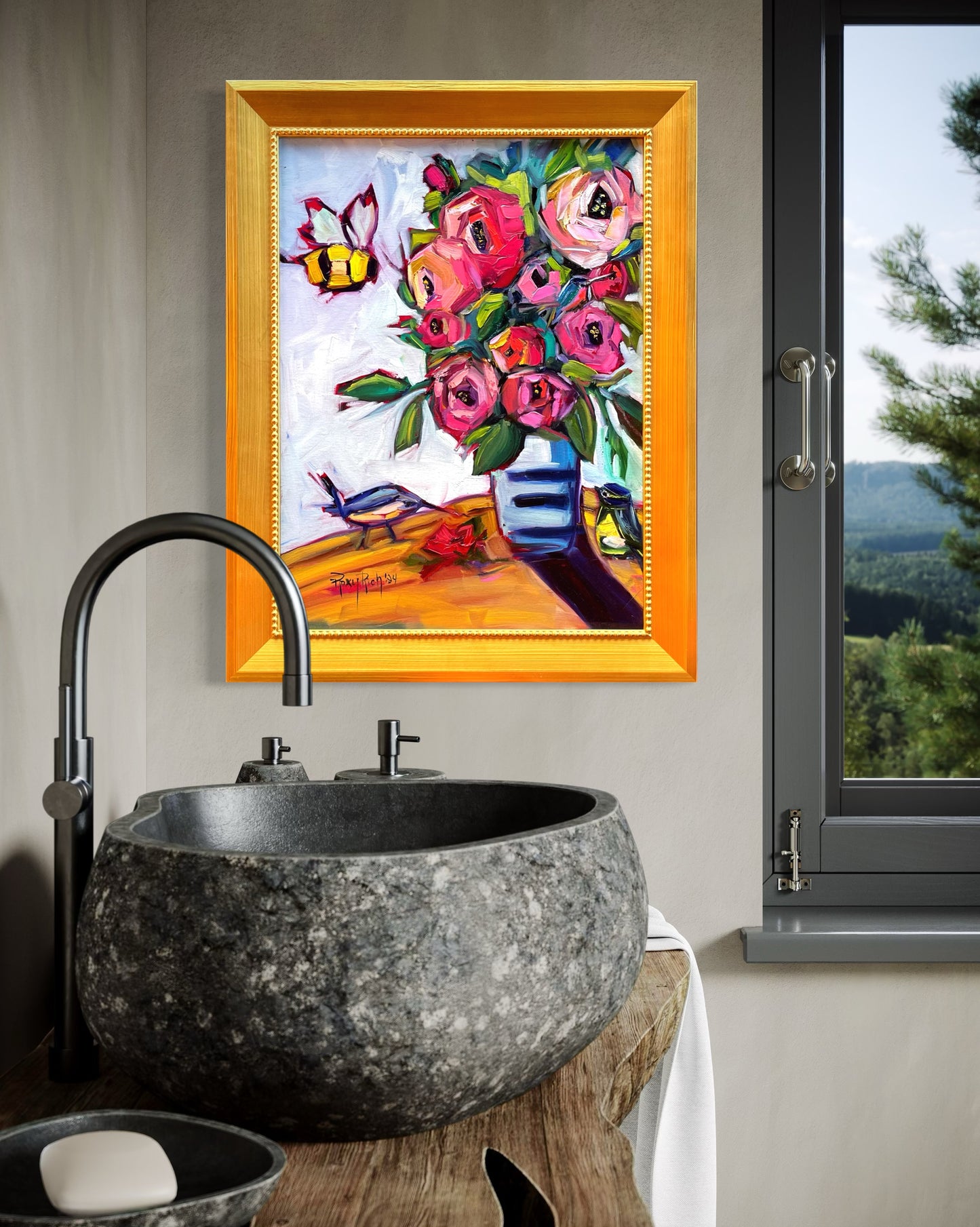 Bee Blooms-Original Oil Bee and Rose Blooms Painting Framed