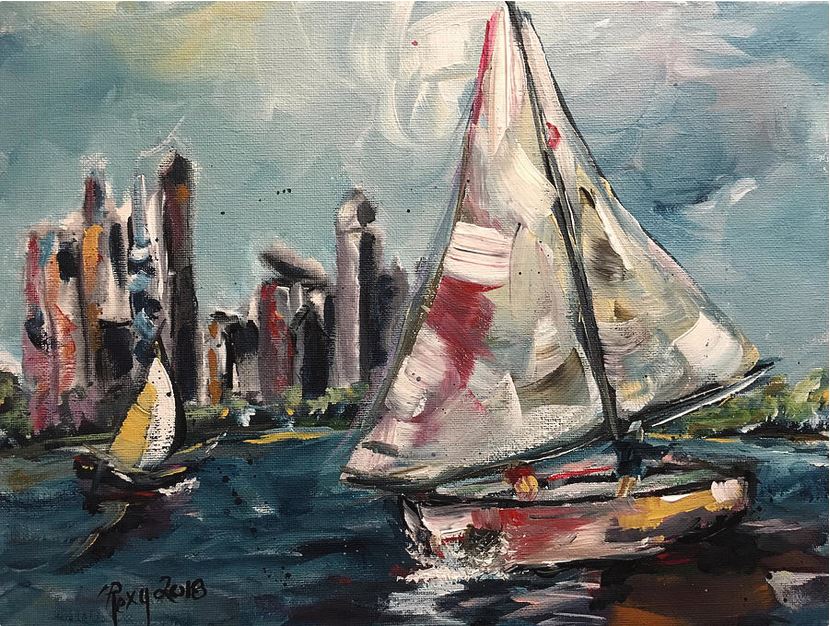 Navegación diurna, pintura acrílica original de Chicago 11 x 14 enmarcada