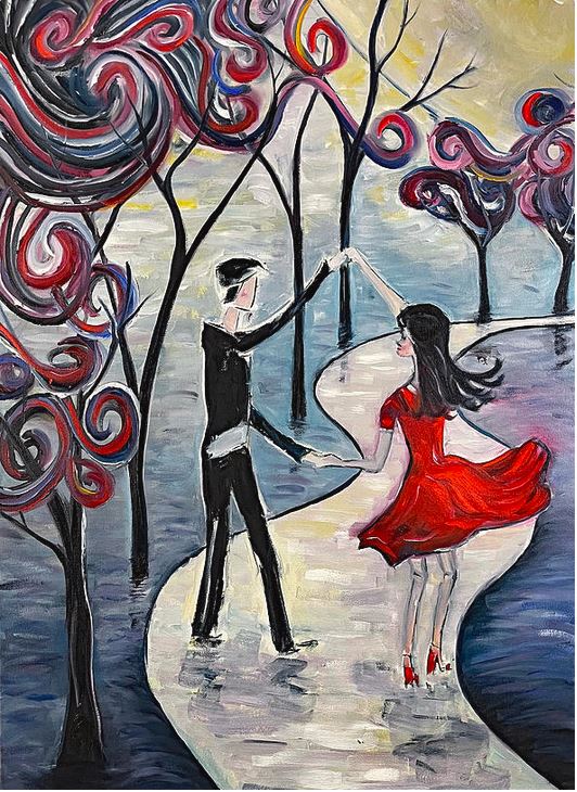 Danse au clair de lune Peinture à l’huile originale Couple romantique à Paris