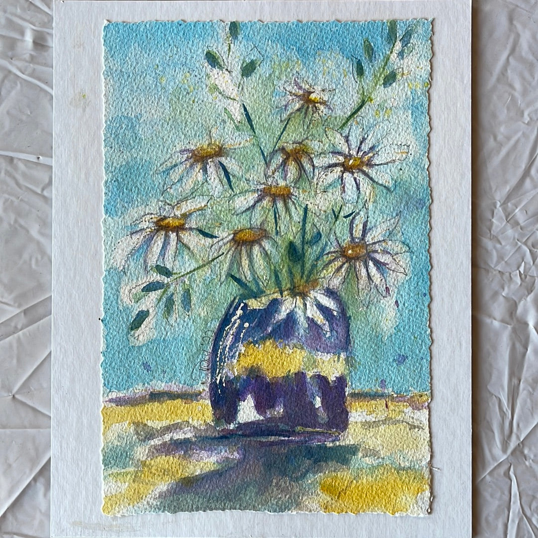 Daisies in a Purple Vase Original Watercolor Painting 8 x 10 Framed