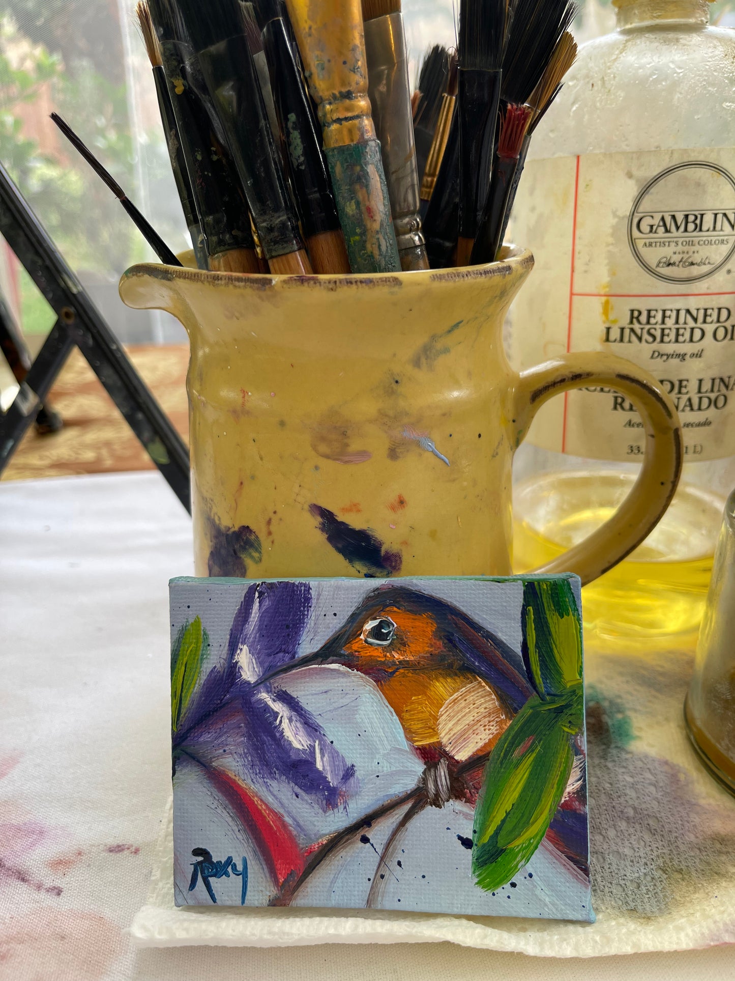 Peinture à l’huile de colibri miniature Rufus-Original avec support