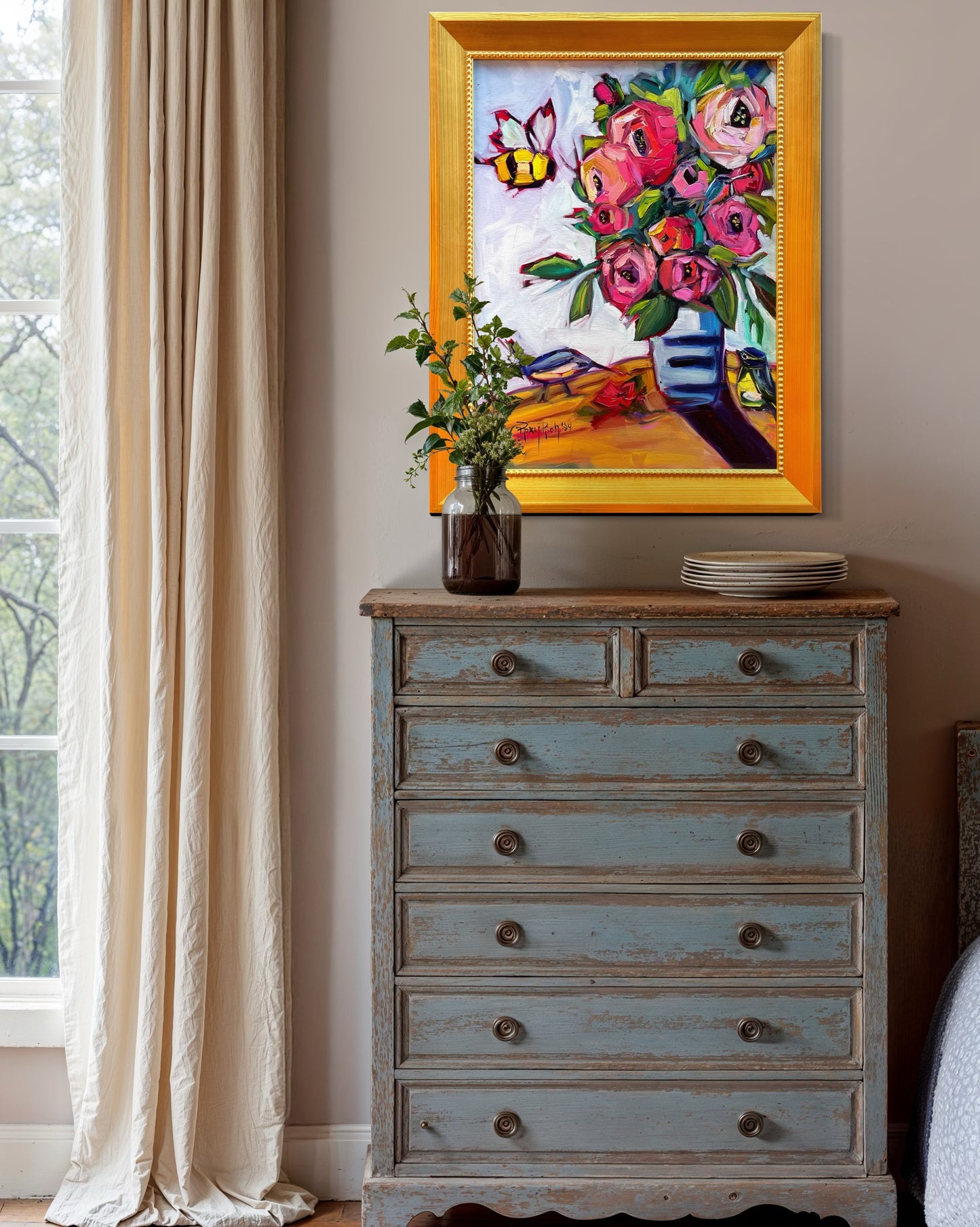 Bee Blooms-Original Oil Bee and Rose Blooms Painting Framed