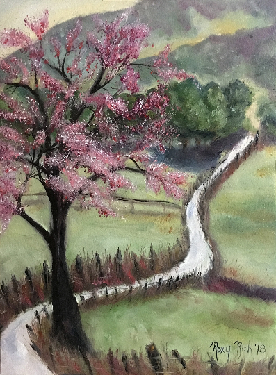Cherry Blossom Campagne anglaise Paysage-Peinture à l’huile originale encadrée