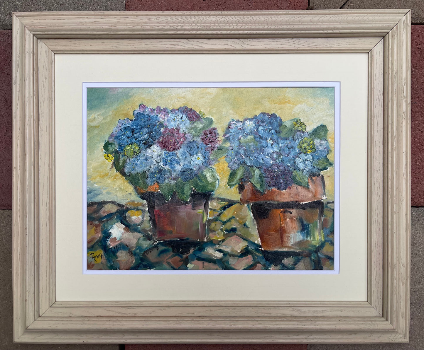 Hydrangeas on the Patio Original Oil Painting 12 x 16 Framed